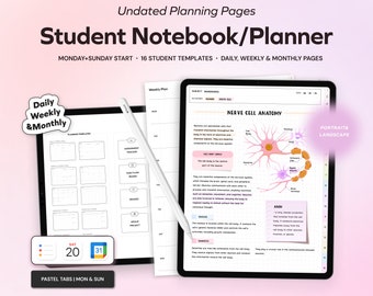 Student Undated Planner and Notebook, Portrait & Landscape Templates, Daily Weekly Academic Monthly Planner for Goodnotes, Customizable