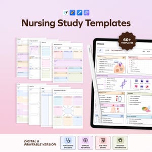 Puede incluir: Una colección de plantillas de estudio de enfermería en versiones digitales e imprimibles. Una tableta muestra una página de estudio de enfermedades con una insignia de 60+ templates y un lápiz óptico blanco. Las páginas incluyen secciones detalladas.