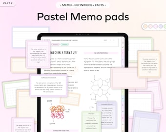 May include: Pastel memo pads with lined and gridded pages. The pages feature a diagram of the hemoglobin structure and function. The text on the page reads "Hemoglobin Structure and Function", "Globin Structure", "The Heme Porphyrin", "Hemoglobin Function", and "Hemoglobin is present in the red blood".