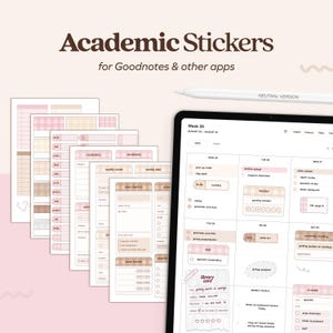 Könnte beinhalten: Akademische Sticker für Goodnotes und andere Apps. Das Bild zeigt ein Tablet mit einem digitalen Planer sowie mehrere druckbare Stickerbögen. Die Sticker sind in Rosa-, Beige- und Weißtönen gehalten und mit Textbeschriftungen versehen.
