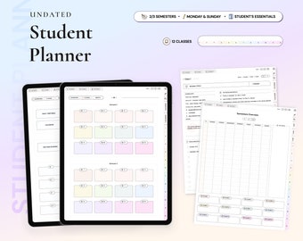 May include: A digital student planner with a colorful design. The planner includes sections for daily timetable, calendar, section dividers, semester overview, and class notes. The planner is undated and includes 12 classes.