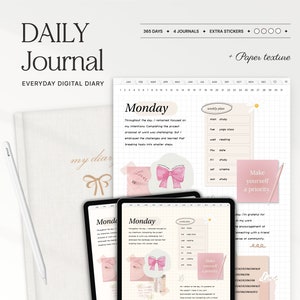 Op de afbeelding: Een digitale planner met een roze en witte kleurstelling. De planner heeft een dagelijkse journaal sectie met de tekst "Maandag" en een wekelijkse planner sectie met de tekst "wekelijkse planning". De planner bevat ook een motiverende quote die zegt "Maak jezelf een prioriteit".