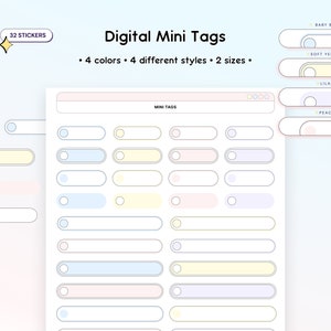 Puede incluir: Una hoja imprimible de 32 mini etiquetas digitales en cuatro colores: azul bebé, amarillo suave, lila y melocotón. Las etiquetas están en cuatro estilos diferentes y dos tamaños. La hoja incluye el texto "Digital Mini Tags" y "Mini Tags".