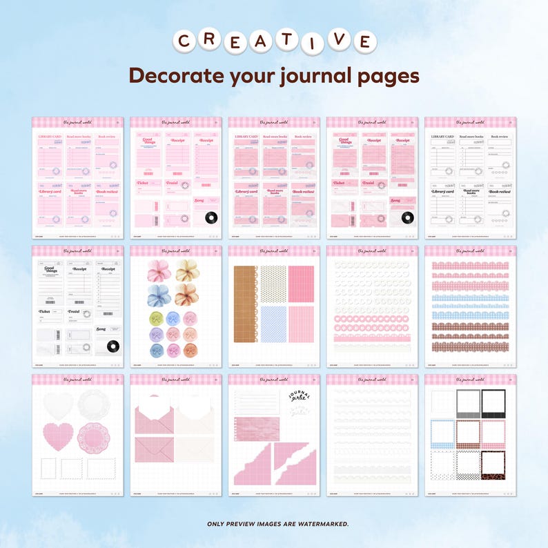 Puede incluir: Una colecci&oacute;n de p&aacute;ginas de diario rosas y blancas con varios dise&ntilde;os, incluyendo recibos, tarjetas de biblioteca y elementos decorativos. Las p&aacute;ginas est&aacute;n dispuestas en una cuadr&iacute;cula, con el texto "CREATIVE" en la parte superior y "Decorate your journal pages" debajo.
