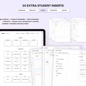 May include: A digital screen displaying a set of 20 printable student planner inserts. The inserts include a schedule, 10-minute organiser, task flow board, checklist, project plan, review note, chapter summary, progress tracker, and more. The screen is on a white background.
