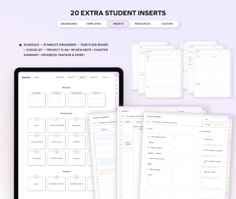 May include: A digital screen displaying a set of 20 printable student planner inserts. The inserts include a schedule, 10-minute organiser, task flow board, checklist, project plan, review note, chapter summary, progress tracker, and more. The screen is on a white background.