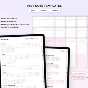 May include: A screenshot of a digital planner app featuring over 160 note templates. The templates are categorised into grids with summary, grids with headers, and grids to continue notes. The templates are available in beige and pink colour schemes.