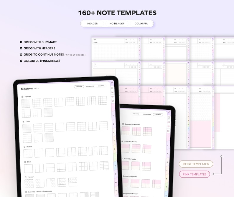 May include: A screenshot of a digital planner app featuring over 160 note templates. The templates are categorised into grids with summary, grids with headers, and grids to continue notes. The templates are available in beige and pink colour schemes.
