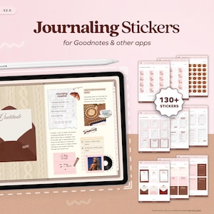 May include: Digital journaling stickers for Goodnotes and other apps. The image shows a tablet with a digital journal open, a stylus, and several sticker sheets. The stickers include calendar pages, bear icons, and various decorative elements. The text on the image says "Journaling Stickers".