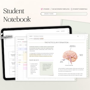 Puede incluir: Un cuaderno digital para estudiantes con un tema verde. El cuaderno incluye un horario de estudio, un rastreador de tareas, un tablero de flujo de tareas y calificaciones. El cuaderno también incluye una página sobre la formación reticular del cerebro con un diagrama.