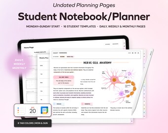 Student Undated Planner and Notebook, Daily Weekly Monthly Planner for Goodnotes, Customizable Notetaking Templates, Academic Student iPad