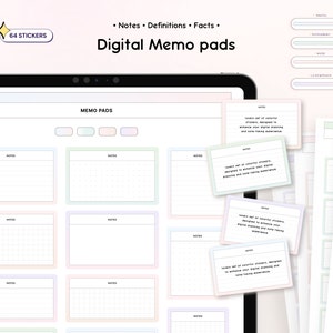 以下が含まれることがあります： 64個のカラフルなステッカーが付いたデジタルメモパッドのテンプレート。メモパッドは、デジタルプランニングとノートテイクのエクスペリエンスを向上させるように設計されています。メモパッドは、パステル、ペパーミント、ヌード、ライラックの色で入手できます。
