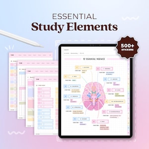 Könnte beinhalten: Ein digitales Lernset mit dem Text "ESSENTIAL Study Elements" und "500+ Stickers". Das Set enthält ein Tablet mit einer Darstellung der Hirnnerven und mehrere rosa- und pastellfarbene Lernblätter.