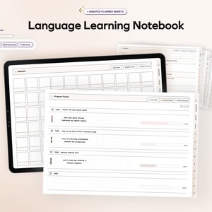 May include: A digital planner template for language learning. The template includes sections for vocabulary, sentences, practice, alphabet, progress tracker, daily tasks, and monthly overview. The template is designed to help language learners track their progress and stay organized.