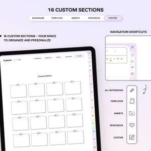 May include: A digital planner interface with 16 custom sections for organising and personalising. The interface has a navigation bar with tabs for Dashboard, Templates, Inserts, Resources, and Custom. The navigation shortcuts are displayed on the right side of the screen with icons for All Notebooks, Templates, Inserts, Resources, and Custom.