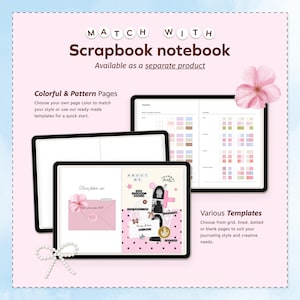 Puede incluir: Un cuaderno de scrapbook digital con p&aacute;ginas coloridas y con patrones, y varias plantillas. El cuaderno se muestra sobre un fondo rosa con el texto "Match With Scrapbook notebook". Incluye una flor rosa y un collar de perlas.