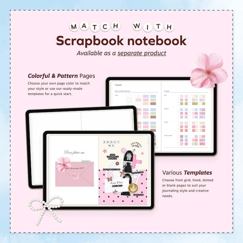 Puede incluir: Un cuaderno de scrapbook digital con p&aacute;ginas coloridas y con patrones, y varias plantillas. El cuaderno se muestra sobre un fondo rosa con el texto "Match With Scrapbook notebook". Incluye una flor rosa y un collar de perlas.