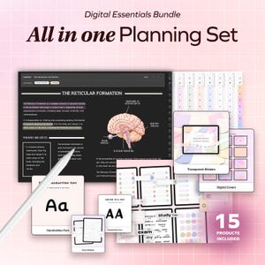 May include: A digital planner set with 15 products, including digital covers, stickers, and handwritten fonts. The set features a pink and white colour scheme with a variety of designs, including a brain illustration, a study schedule, and a handwritten font.