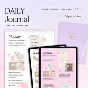 May include: A digital planner app on a tablet screen with a pink and white color scheme. The app features a daily journal page with a weekly plan section, a calendar view, and a to-do list. The app also includes stickers and other decorative elements. The text on the screen reads "Monday" and "weekly plan".