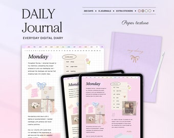 May include: A digital planner app on a tablet screen with a pink and white color scheme. The app features a daily journal page with a weekly plan section, a calendar view, and a to-do list. The app also includes stickers and other decorative elements. The text on the screen reads "Monday" and "weekly plan".