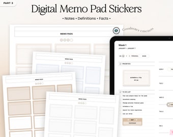 May include: Digital memo pad stickers for Goodnotes app. The stickers are in a variety of colors and styles, including memo pads, to-do lists, and weekly planners. The stickers are designed to help you organize your notes and keep track of your tasks.