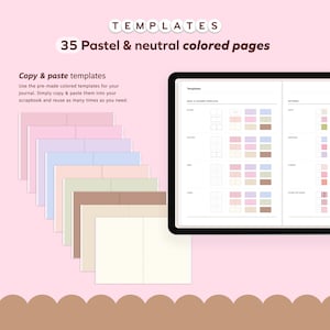 May include: A collection of pastel-coloured journal pages and a digital tablet showing templates. The pages are in shades of pink, purple, blue, green, and brown. Text on the tablet reads "Templates" and "35 Pastel & neutral coloured pages."