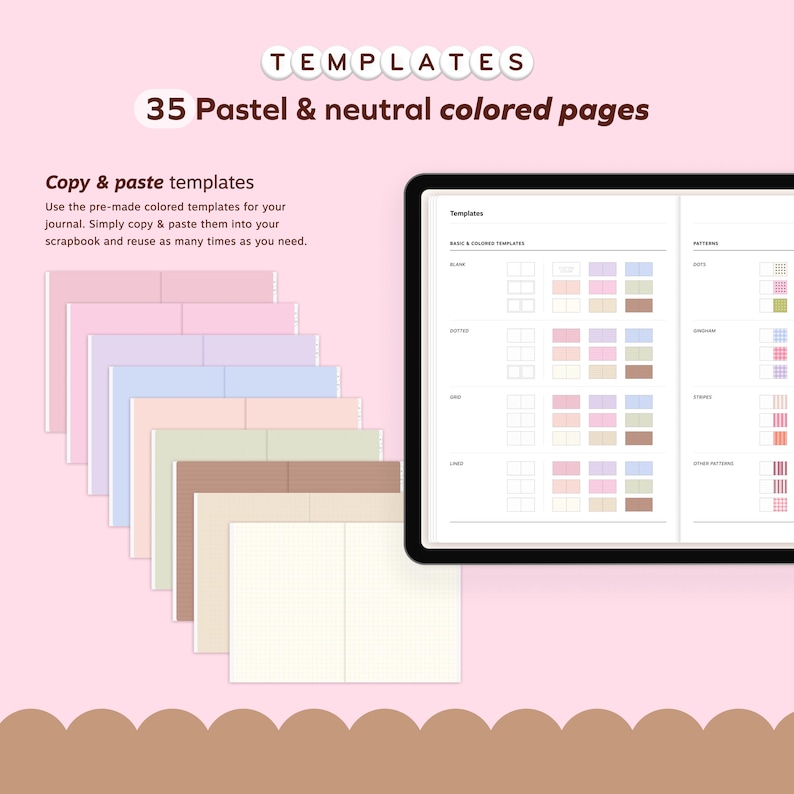 May include: A collection of pastel-coloured journal pages and a digital tablet showing templates. The pages are in shades of pink, purple, blue, green, and brown. Text on the tablet reads "Templates" and "35 Pastel & neutral coloured pages."