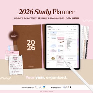 Planificador de estudios 2026 para Goodnotes, cuaderno académico universitario, horario de clases, calendario diario, semanal y mensual, notas para estudiantes en iPad.