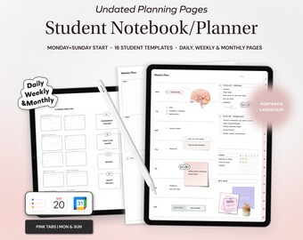 Student Undated Planner and Notebook, Portrait & Landscape Templates, Daily Weekly Academic Monthly Planner for Goodnotes, Customizable