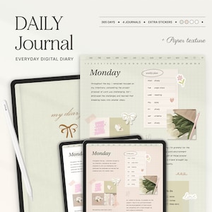 Digital Daily Journal for Goodnotes, iPad, Notability Digital Daily Diary Bullet Journal with Prompts, Reflection Gratitude Textured Journal