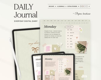 Digital Daily Journal for Goodnotes, iPad, Notability Digital Daily Diary Bullet Journal with Prompts, Reflection Gratitude Textured Journal