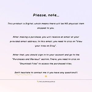 May include: A light purple background with white text explaining how to download digital products purchased on Etsy. The text includes the phrase "Please, note..." and "Don't hesitate to contact me if you have any questions!"