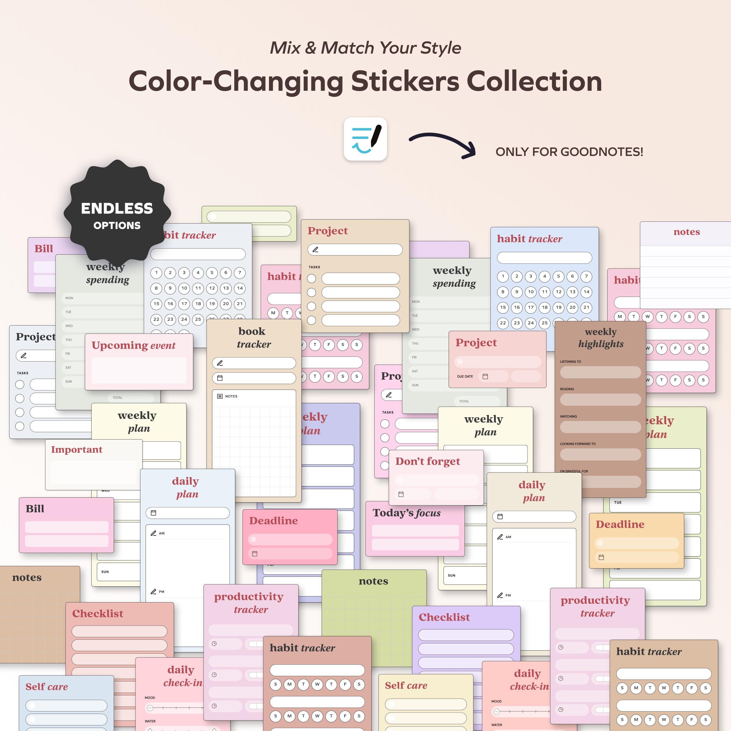 Essential Color Changing Daily Life Digital Stickers for Planner ...
