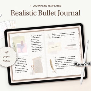 May include: A digital tablet displaying a realistic bullet journal with handwritten notes, stickers, and drawings. The journal is open to a page with the text "Throughout the day, I remained focused on my intentions." and "Looking forward to tomorrow, I carry the positive energy and lessons learned into the next day's adventures."