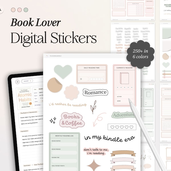 Pegatinas digitales para amantes de los libros para el diario de lectura, pegatinas Goodnotes Widgets para tomar notas Géneros Notabilidad Pastel Bookish Pegatinas minimalistas