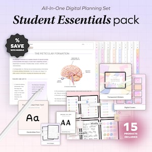 May include: A digital planning set for students with 15 products, including transparent sticky notes, digital covers, handwritten fonts, and study widgets. The set features a pink and blue color scheme with illustrations of a brain and a hand writing.