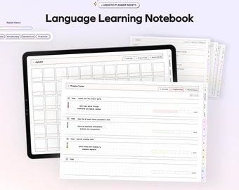 May include: A digital planner for language learning with a pastel color theme. The planner includes sections for vocabulary, sentences, and practice. The planner has a progress tracker with four tasks and a daily tasks section.
