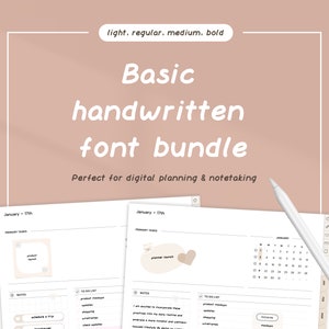 Könnte beinhalten: Eine digitale Planervorlage mit dem Text "January 17th" und "Basic handwritten font bundle" in weißer Schrift auf hellbraunem Hintergrund. Der Planer enthält Abschnitte für primäre Aufgaben, eine To-Do-Liste, Notizen und einen Kalender.