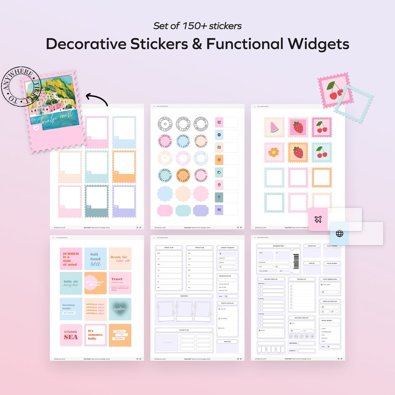 May include: A set of over 150 printable stickers and functional widgets for planners and journals. The stickers feature a variety of designs, including circles, squares, and stamps. The widgets include a calendar, a to-do list, and a notes section. The stickers and widgets are all in pastel colours and feature cute illustrations.