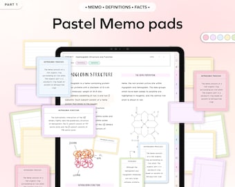 May include: A pastel pink memo pad with a digital tablet displaying a diagram of hemoglobin structure and function. The text on the tablet reads "Hemoglobin Structure" and "The Heme Porphyrin". The memo pad has a grid pattern and is labeled "Part 1".
