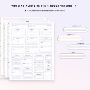 May include: A printable study planner with sections for vocabulary, sentences, grammar, and study. The planner is designed with a light purple background and white text.