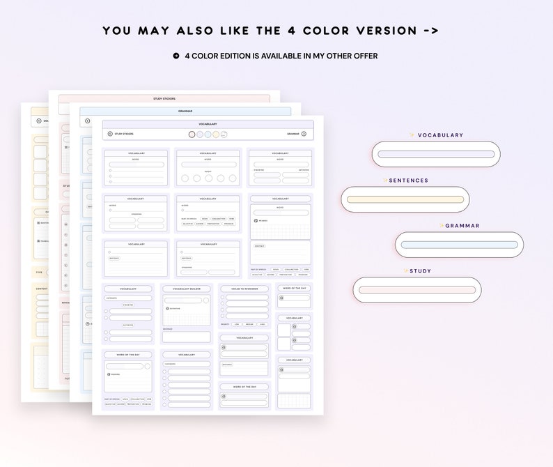 May include: A printable study planner with sections for vocabulary, sentences, grammar, and study. The planner is designed with a light purple background and white text.