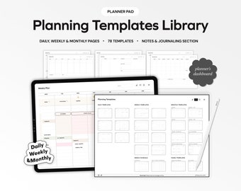 Plantillas de planificador digital sin fecha para GoodNotes, Notability iPad Planning Panel de control diario mensual minimalista personalizable con hipervínculos