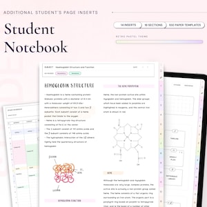 Peut inclure: Un carnet d'étudiant rose et blanc avec des sections pour un emploi du temps, une chronologie, un planning hebdomadaire et une bibliothèque de référence. Le carnet contient une section pour les notes intitulée "Structure et fonction de l'hémoglobine" et un schéma de la molécule d'hème.