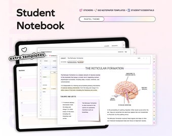 Puede incluir: Un cuaderno de estudiante rosa pastel y morado con una sección para un horario de estudio, notas y plantillas adicionales. El cuaderno presenta un diagrama de la formación reticular del cerebro con etiquetas para los impulsos auditivos, los impulsos visuales y las emociones para la actividad ejecutiva.