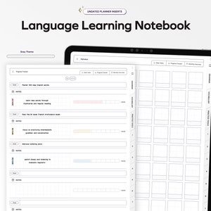 May include: A grey and white printable language learning notebook with a progress tracker, notes section, and practice tools. The notebook includes sections for grammar, vocabulary, and practice tools.