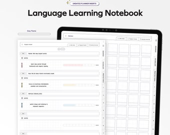 May include: A gray and white printable language learning notebook with a progress tracker, notes section, and practice tools. The notebook includes sections for grammar, vocabulary, and practice tools.