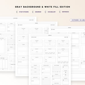 May include: Printable study planner with sections for study stickers, grammar, vocabulary, and sentences. The planner has a grey background and white fill. It includes 61 stickers and 84 labels.