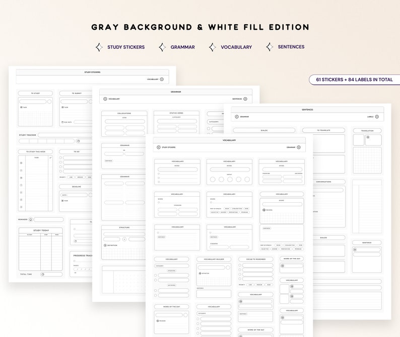 May include: Printable study planner with sections for study stickers, grammar, vocabulary, and sentences. The planner has a grey background and white fill. It includes 61 stickers and 84 labels.