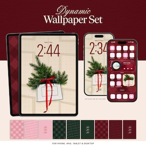 May include: A digital wallpaper set for phone, iPad, tablet, and desktop. The set features a Christmas theme with a Christmas tree in a shopping bag, a clock, and app icons. The color scheme includes red, white, and green.